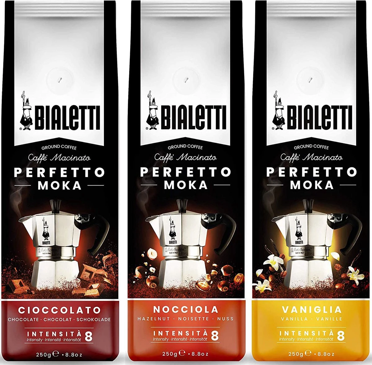 Bialetti Perfetto Moka Gemalen Koffie Smaken Proefpakket - 3 X 250 Gram - Cioccolato, Nocciola En Vaniglia 1 Bialetti Perfetto Moka Gemalen Koffie Smaken Proefpakket - 3 X 250 Gram - Cioccolato, Nocciola En Vaniglia
