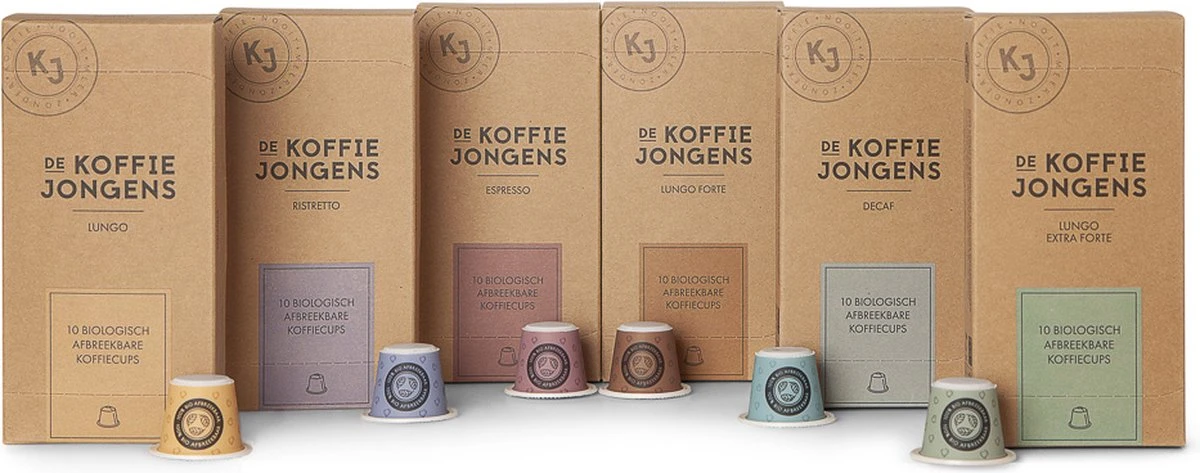 De Koffiejongens - Proefpakket - Nespresso Cups - 100% Biologisch Afbreekbaar - 6x10 Cups - Nespresso Compatible 1 De Koffiejongens - Proefpakket - Nespresso Cups - 100% Biologisch Afbreekbaar - 6x10 Cups - Nespresso Compatible