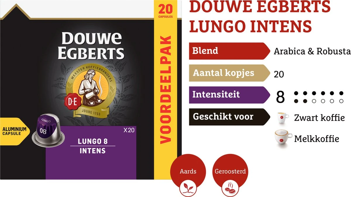 Douwe Egberts Lungo Intens Koffiecups - Intensiteit 8/12 - 10 X 20 Capsules 4 Douwe Egberts Lungo Intens Koffiecups - Intensiteit 8/12 - 10 X 20 Capsules - Afbeelding 4