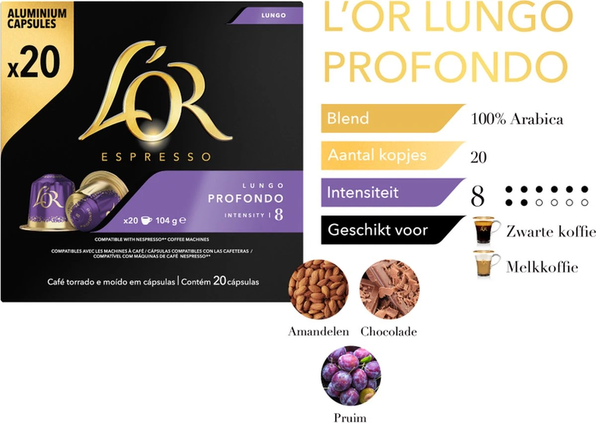 L'OR Lungo Profondo Koffiecups - Intensiteit 8/12 - 10 X 20 Capsules 6 L'OR Lungo Profondo Koffiecups - Intensiteit 8/12 - 10 X 20 Capsules - Afbeelding 6