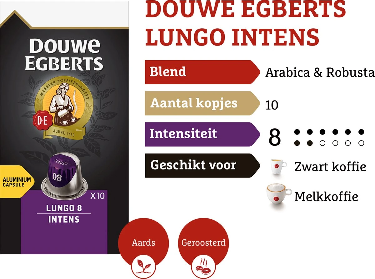 Douwe Egberts Lungo Intens Koffiecups - Intensiteit 8/12 - 10 X 10 Capsules 4 Douwe Egberts Lungo Intens Koffiecups - Intensiteit 8/12 - 10 X 10 Capsules - Afbeelding 4