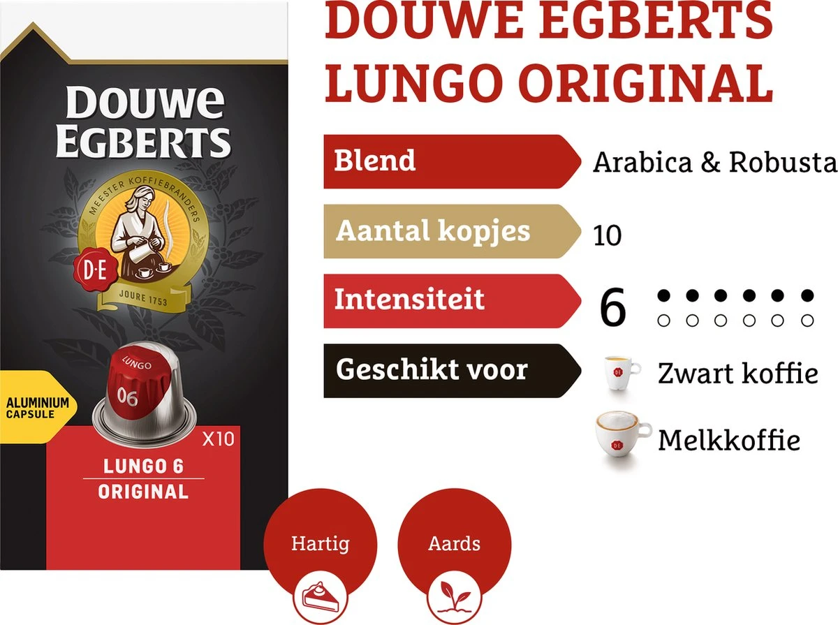 Douwe Egberts Lungo Original Koffiecups - Intensiteit 6/12 - 10 X 10 Capsules 4 Douwe Egberts Lungo Original Koffiecups - Intensiteit 6/12 - 10 X 10 Capsules - Afbeelding 4