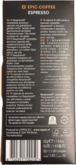 100 Capsules Epic Coffee - Espresso - Nespresso® Compatible Aluminium Capsules - RFA Keurmerk - Doos 100 Stuks 13 100 Capsules Epic Coffee - Espresso - Nespresso® Compatible Aluminium Capsules - RFA Keurmerk - Doos 100 Stuks -Koffie Korting Winkel 556x1200
