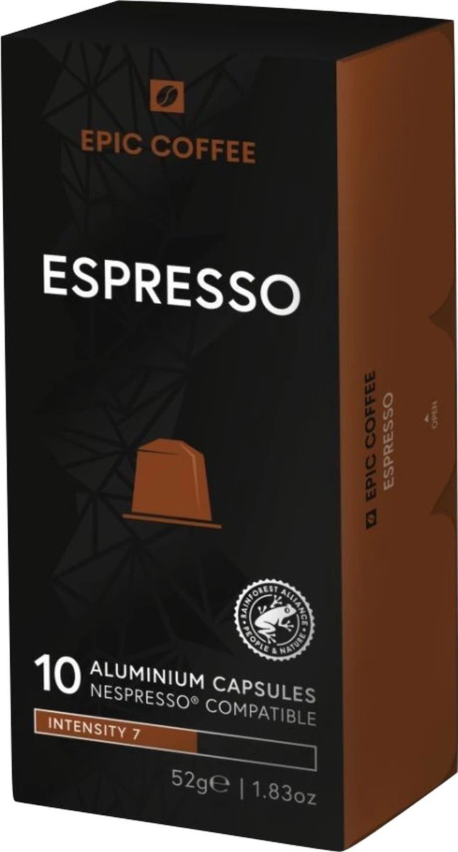 100 Capsules Epic Coffee - Espresso - Nespresso® Compatible Aluminium Capsules - RFA Keurmerk - Doos 100 Stuks 1 100 Capsules Epic Coffee - Espresso - Nespresso® Compatible Aluminium Capsules - RFA Keurmerk - Doos 100 Stuks