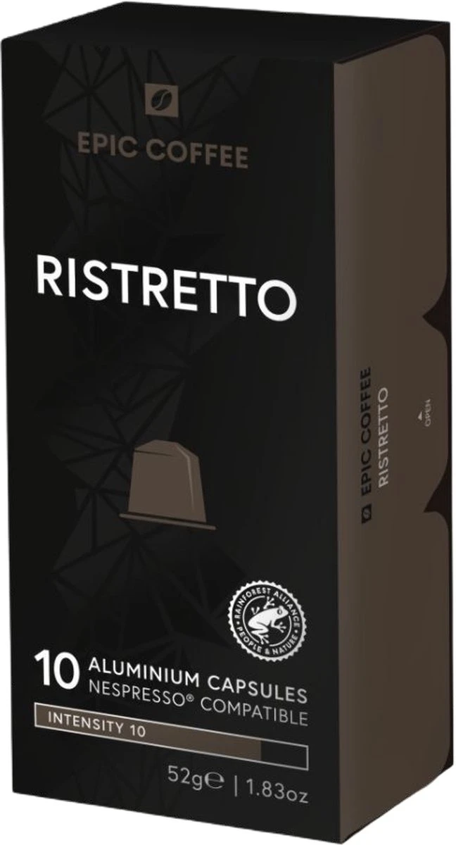 100 Capsules Epic Coffee - Ristretto - Nespresso® Compatible Aluminium Capsules - RFA Keurmerk - Doos 100 Stuks 1 100 Capsules Epic Coffee - Ristretto - Nespresso® Compatible Aluminium Capsules - RFA Keurmerk - Doos 100 Stuks